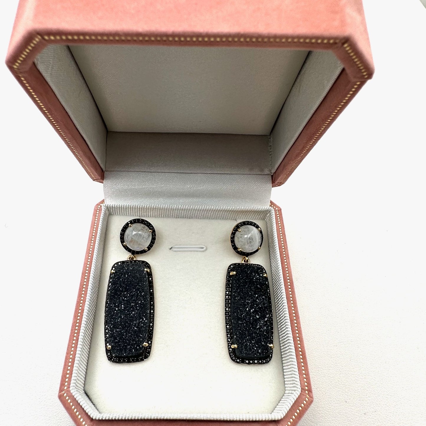Rarities by Carol Brodie Moonstone Druzy Quartz Black Spinel Earrings Pierced