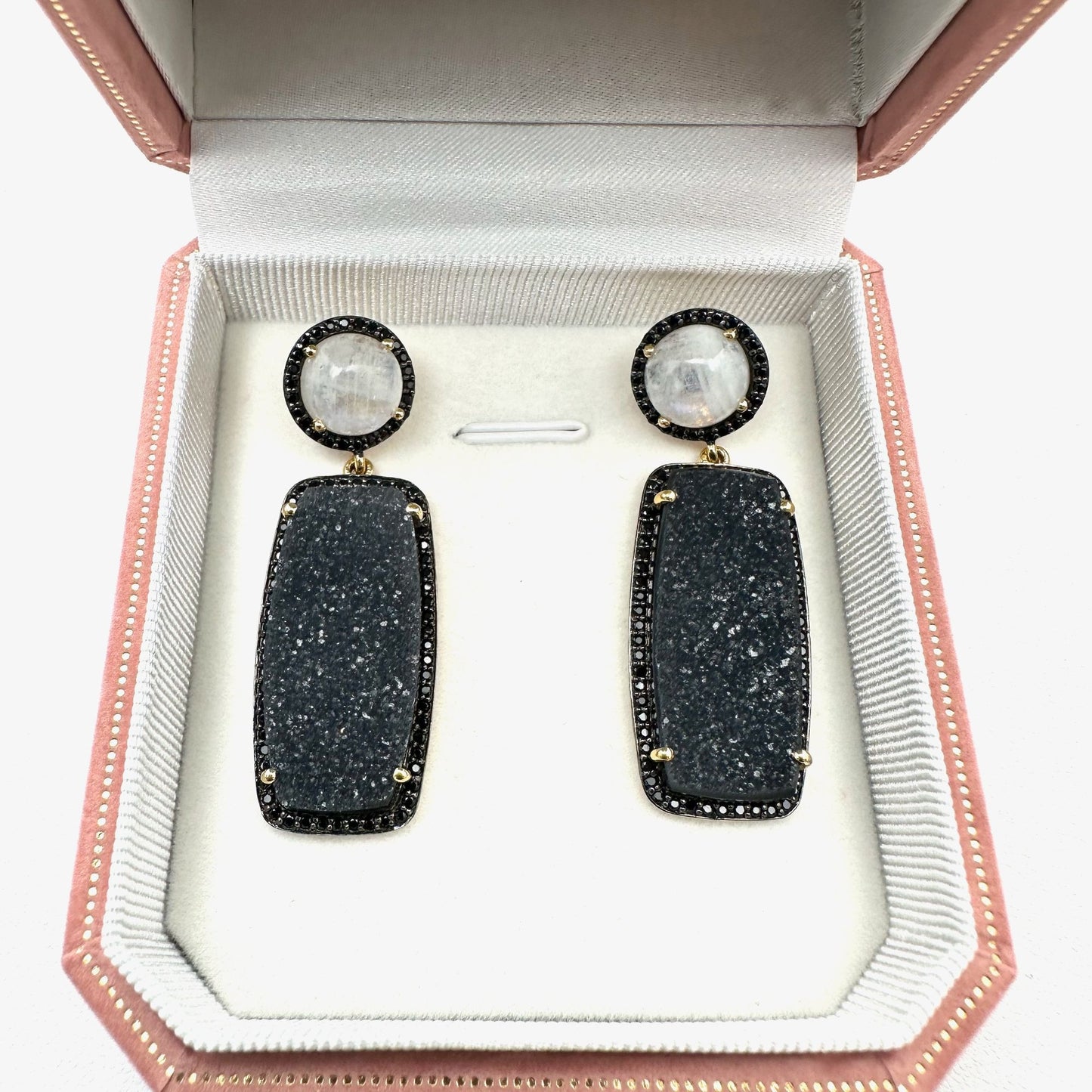 Rarities by Carol Brodie Moonstone Druzy Quartz Black Spinel Earrings Pierced