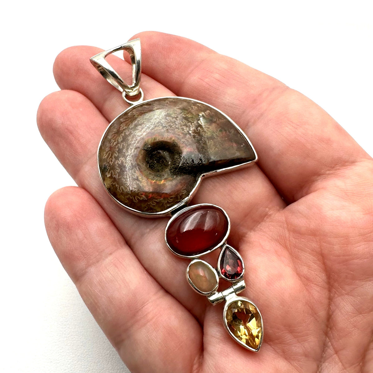 Arya Ammonite Multi Gemstone Sterling Silver Pendant 3 Inch