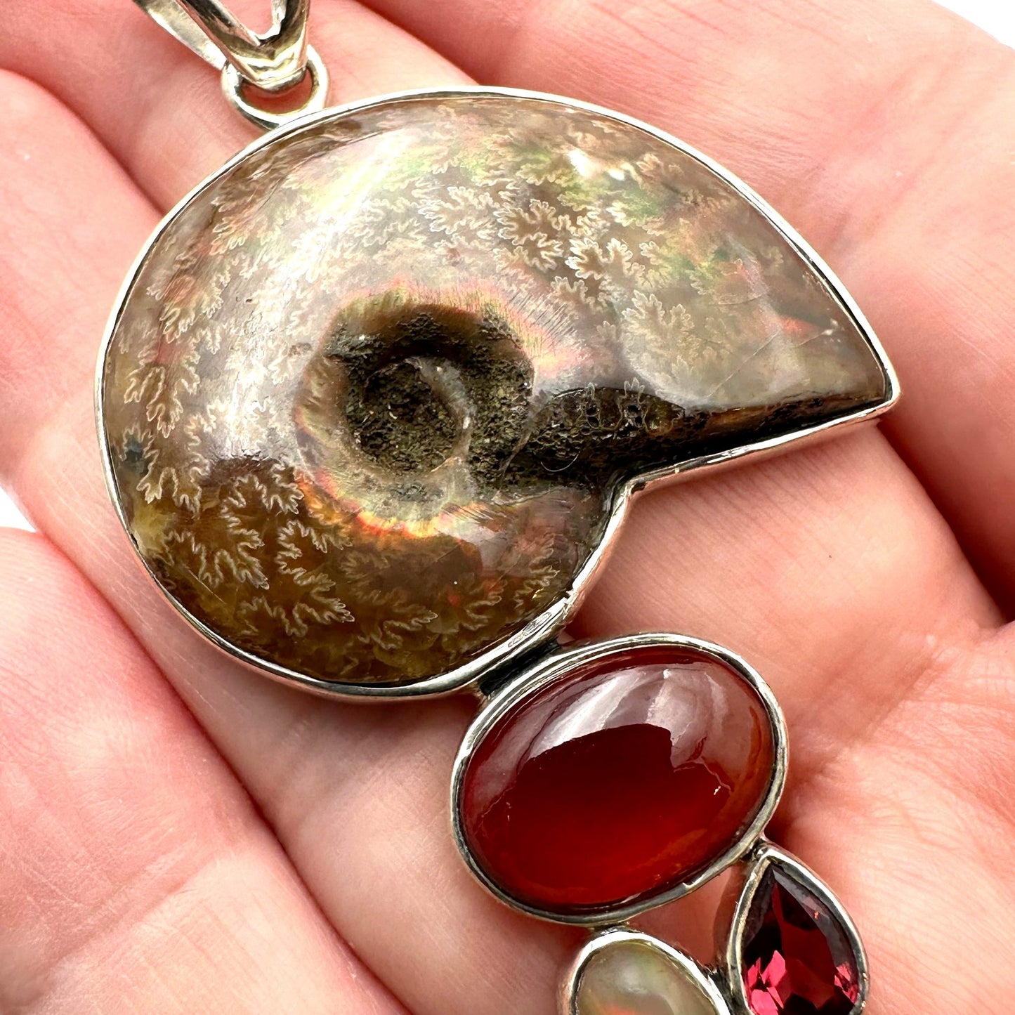 Arya Ammonite Multi Gemstone Sterling Silver Pendant 3 Inch