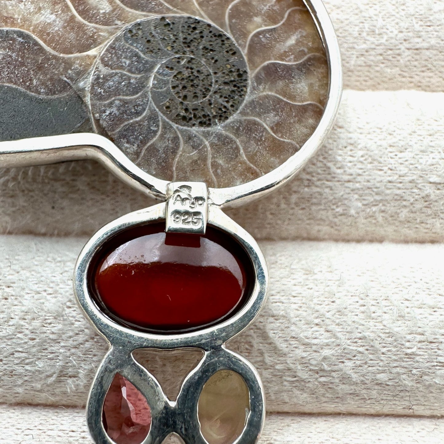 Arya Ammonite Multi Gemstone Sterling Silver Pendant 3 Inch