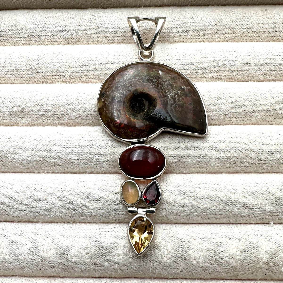Arya Ammonite Multi Gemstone Sterling Silver Pendant 3 Inch