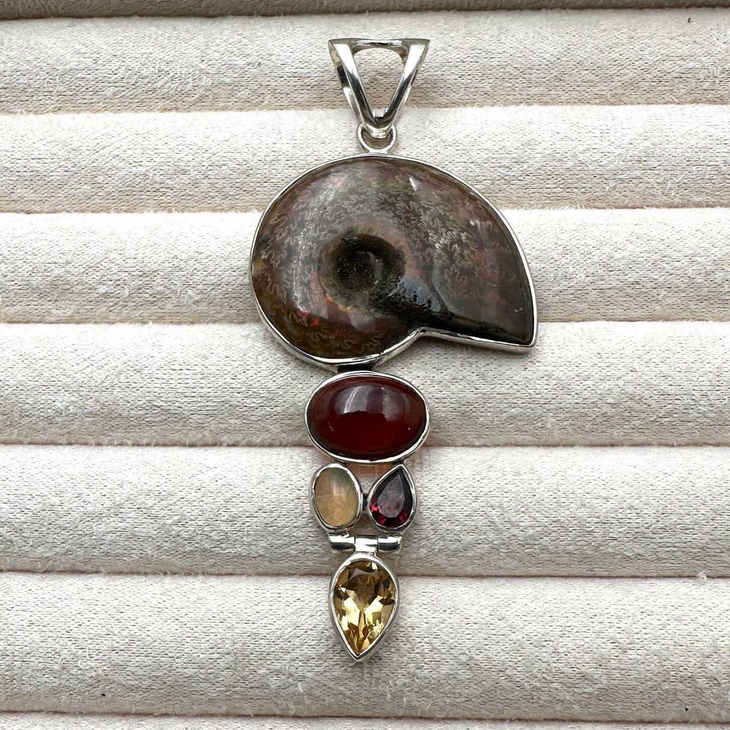 Arya Ammonite Multi Gemstone Sterling Silver Pendant 3 Inch