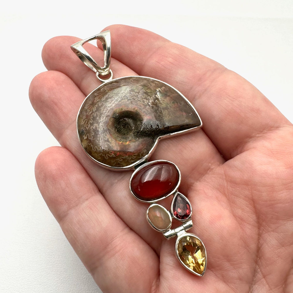 Arya Ammonite Multi Gemstone Sterling Silver Pendant 3 Inch