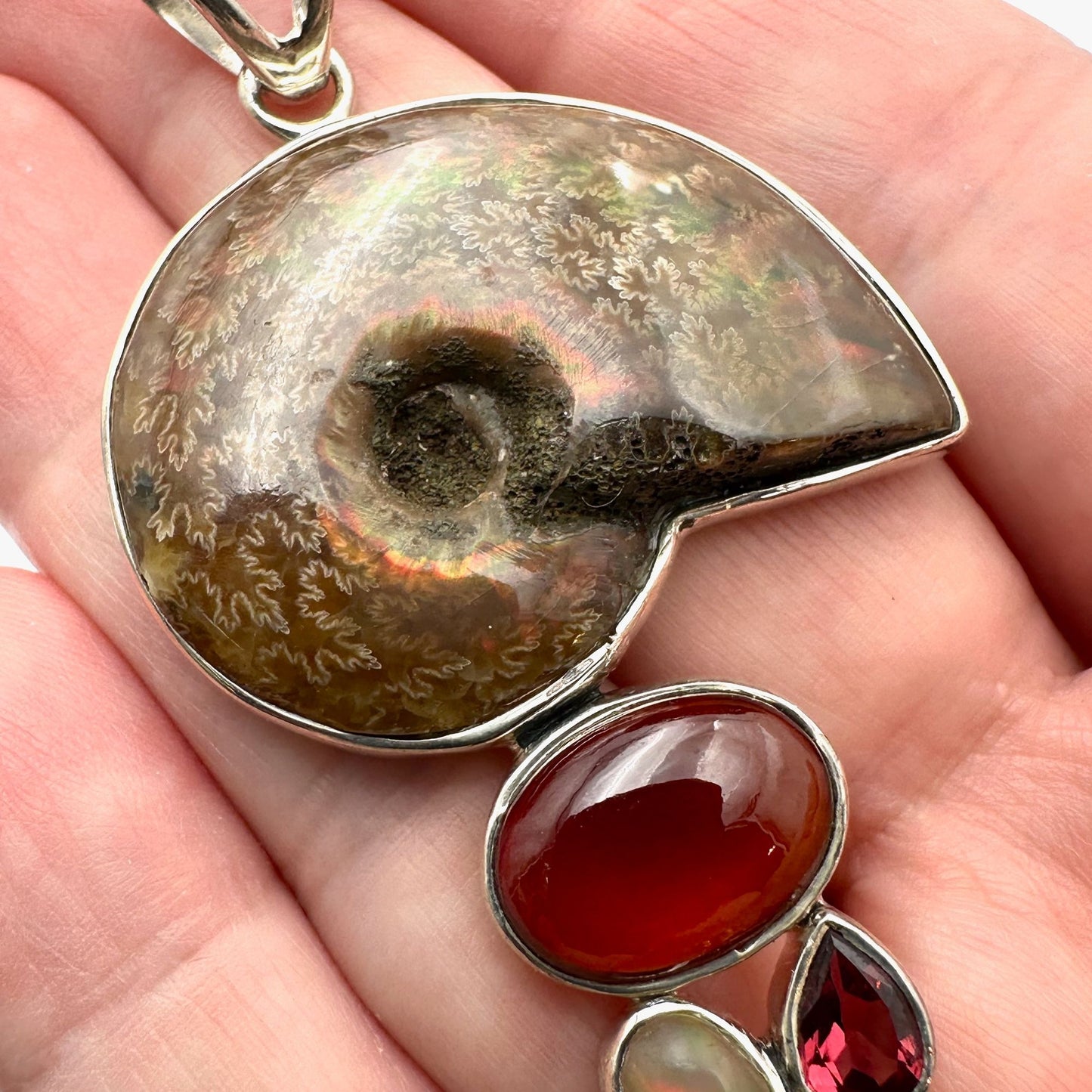 Arya Ammonite Multi Gemstone Sterling Silver Pendant 3 Inch