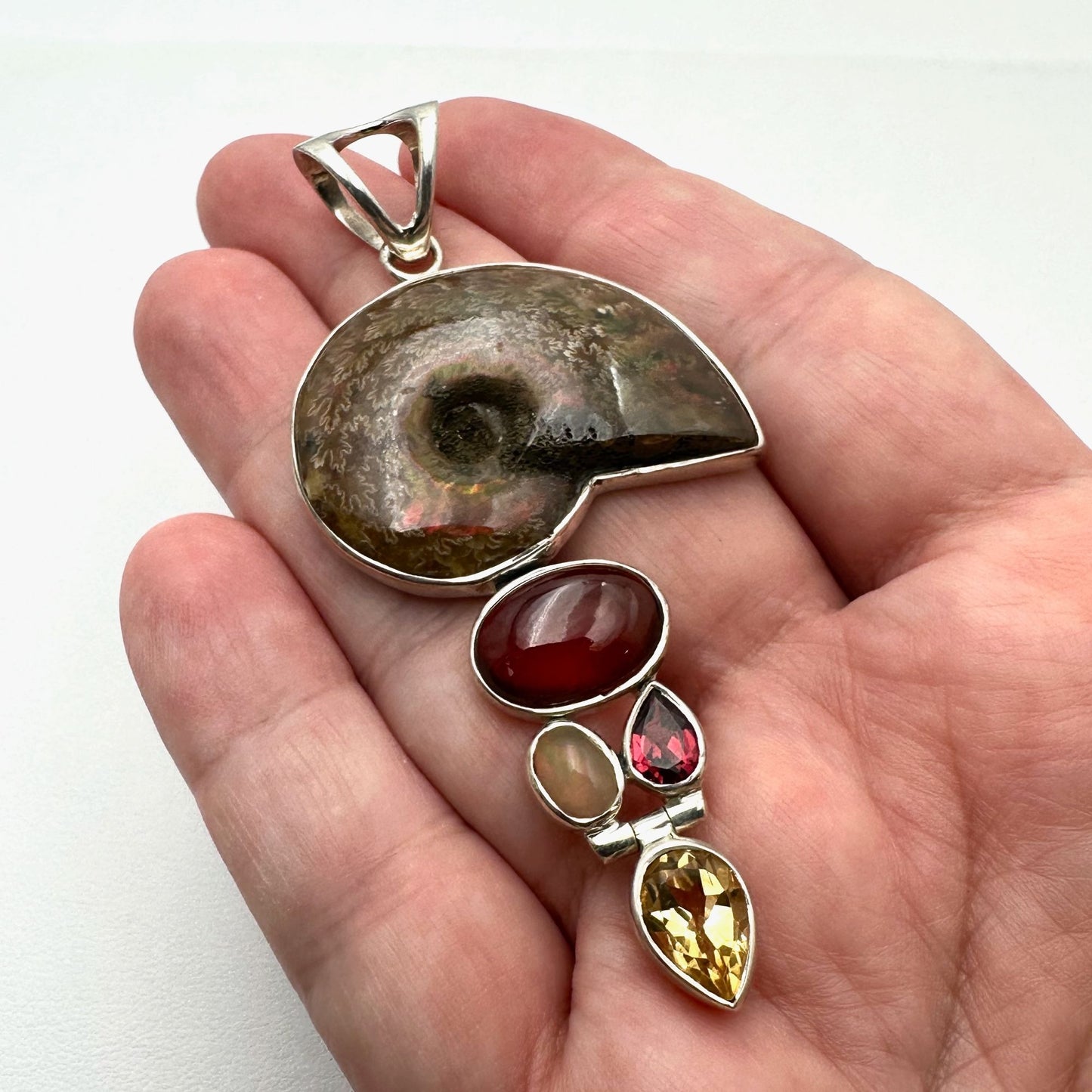 Arya Ammonite Multi Gemstone Sterling Silver Pendant 3 Inch