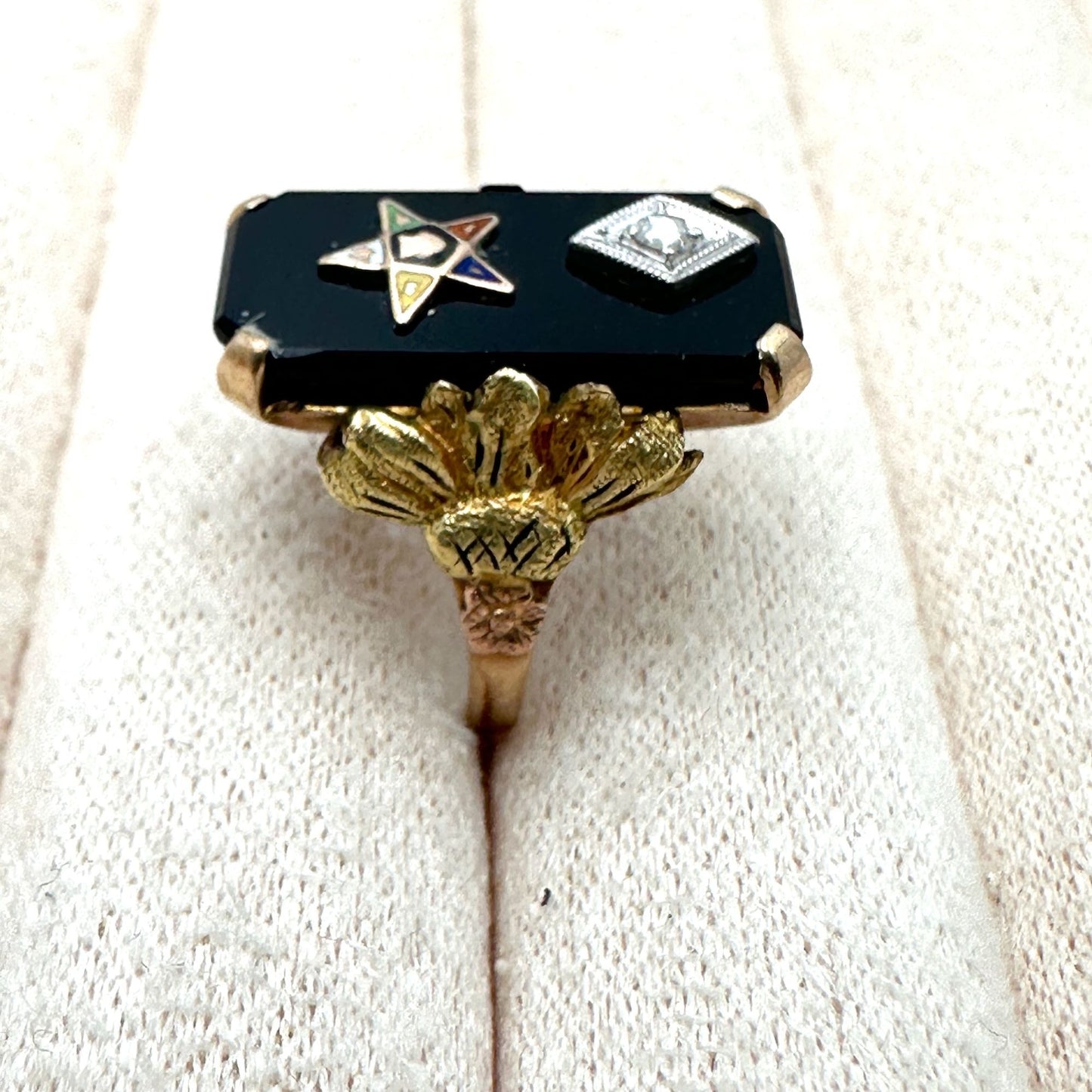 Antique Art Deco 10K Tri Color Gold Diamond Black Onyx Masonic Star Ring