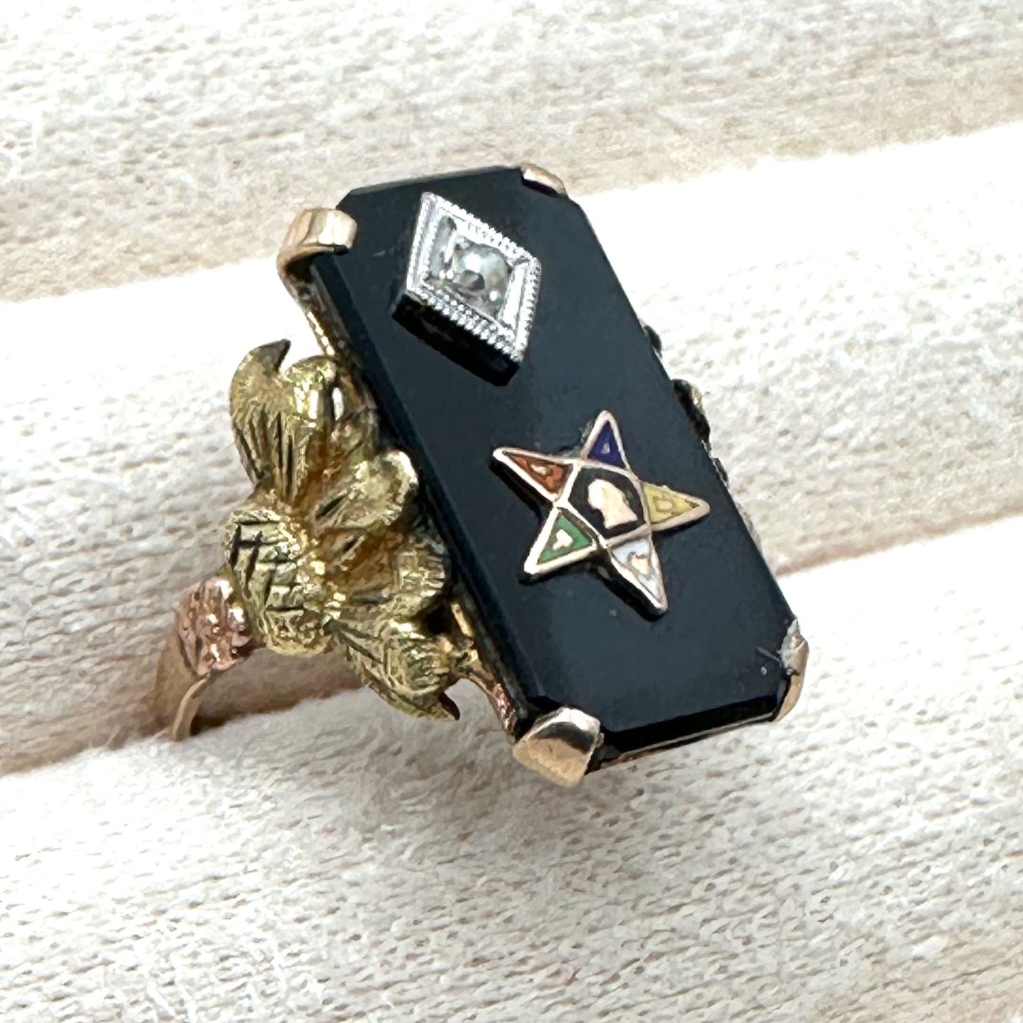 Antique Art Deco 10K Tri Color Gold Diamond Black Onyx Masonic Star Ring
