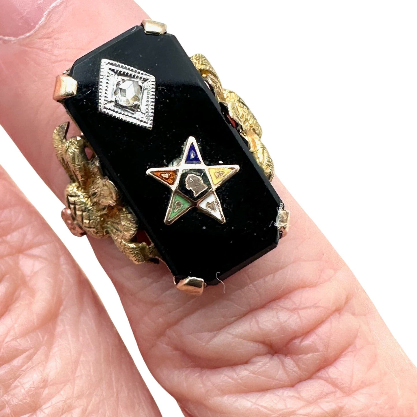 Antique Art Deco 10K Tri Color Gold Diamond Black Onyx Masonic Star Ring