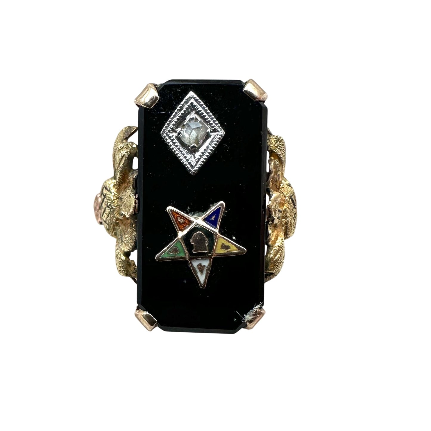 Antique Art Deco 10K Tri Color Gold Diamond Black Onyx Masonic Star Ring