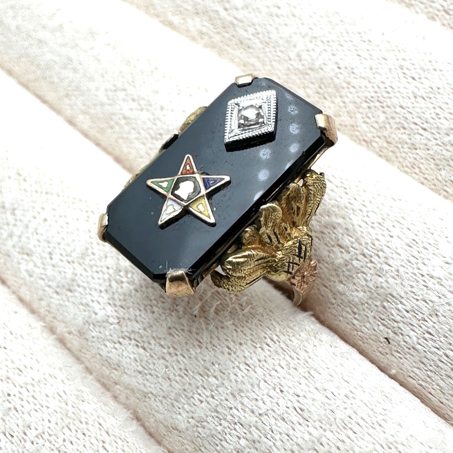 Antique Art Deco 10K Tri Color Gold Diamond Black Onyx Masonic Star Ring