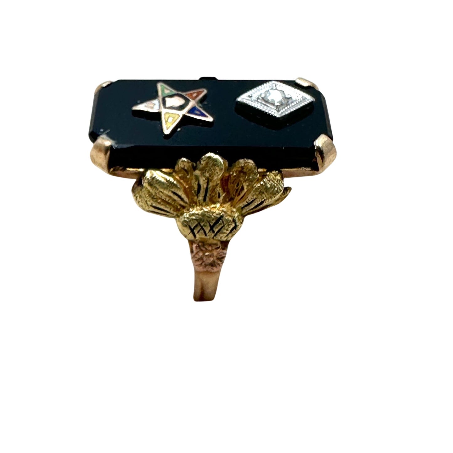 Antique Art Deco 10K Tri Color Gold Diamond Black Onyx Masonic Star Ring