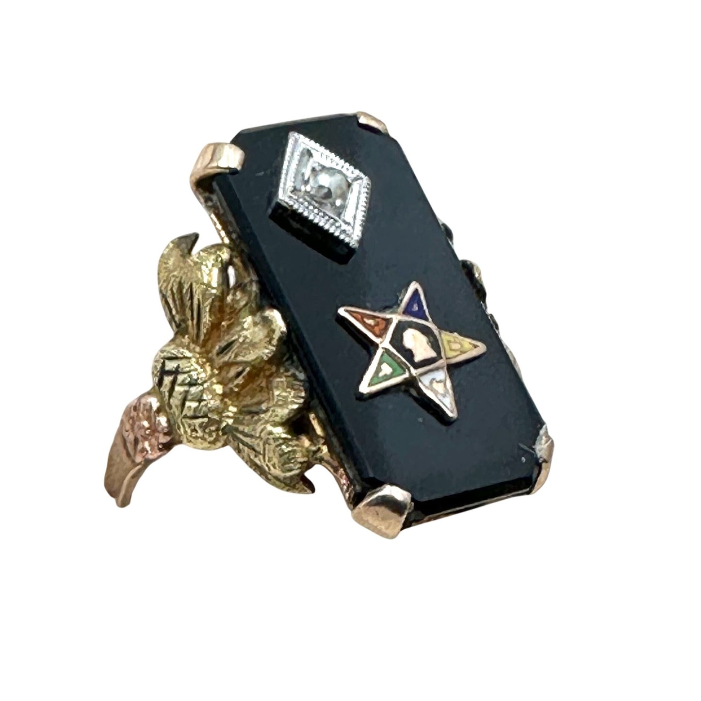 Antique Art Deco 10K Tri Color Gold Diamond Black Onyx Masonic Star Ring