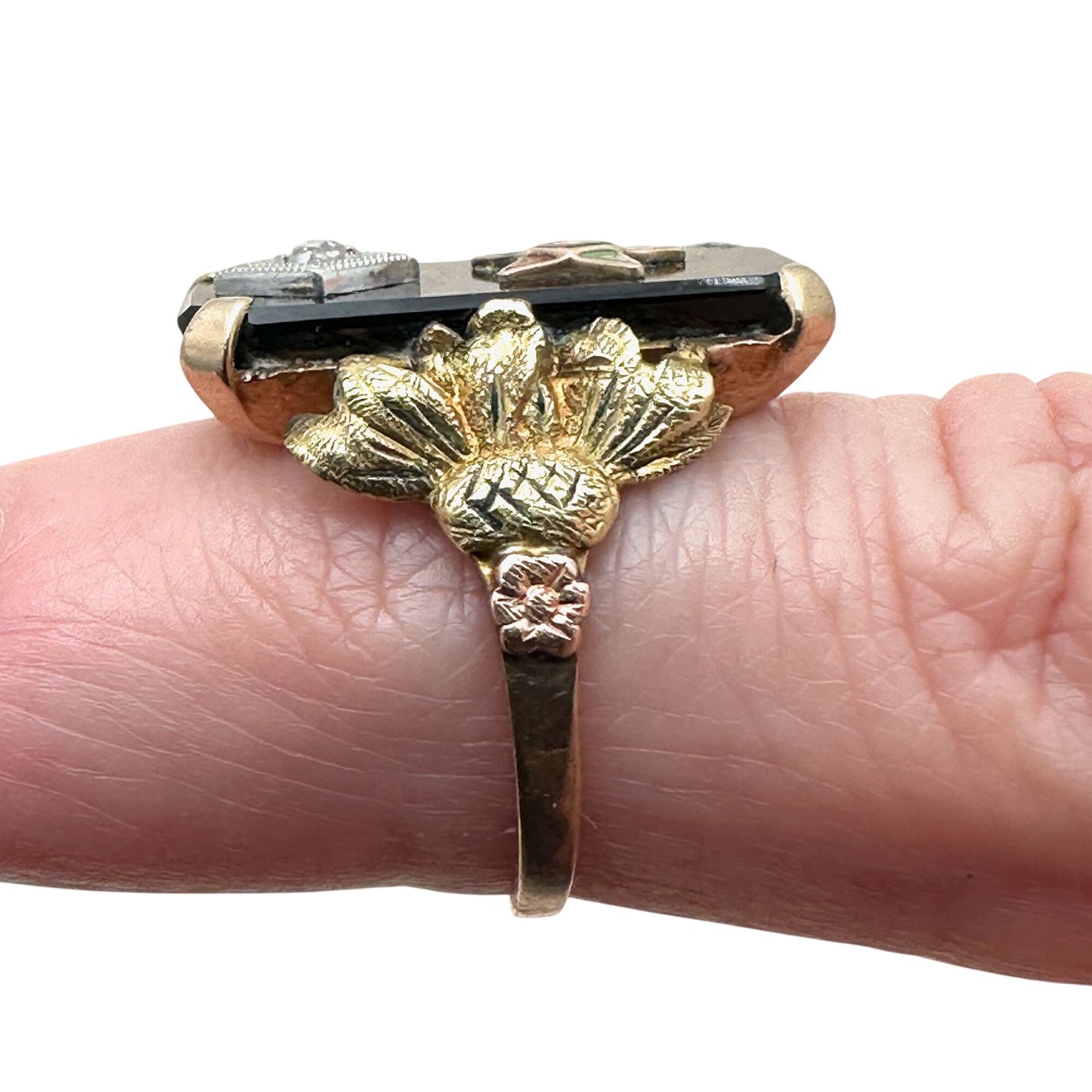 Antique Art Deco 10K Tri Color Gold Diamond Black Onyx Masonic Star Ring