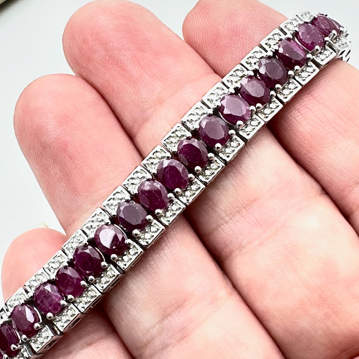 Ruby Diamond Sterling Silver Tennis Bracelet 7.5 Inch New Stunning!