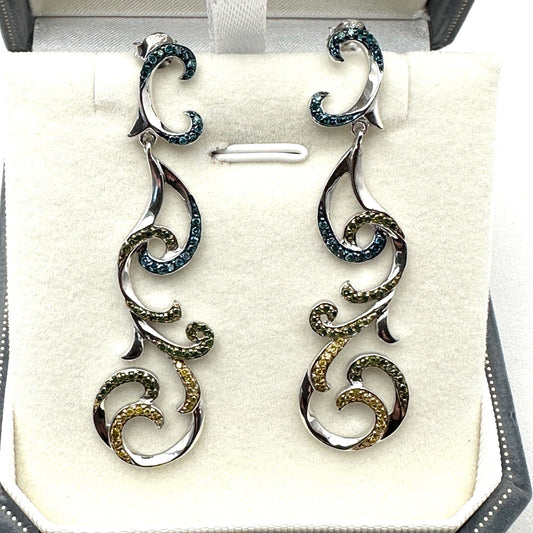 Yellow Green Blue Diamond Sterling Silver Pierced Chandelier Earrings
