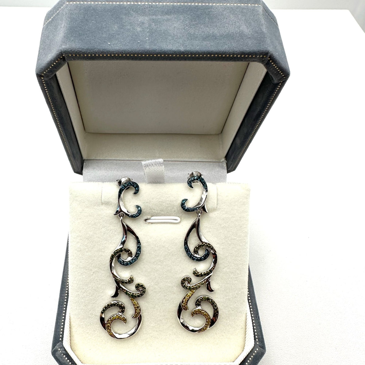 Yellow Green Blue Diamond Sterling Silver Pierced Chandelier Earrings
