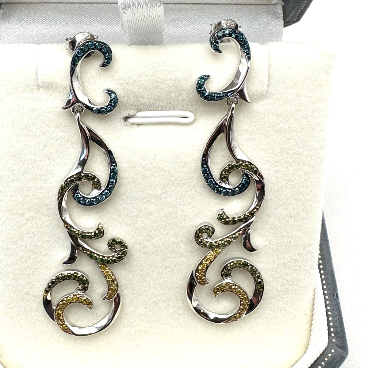 Yellow Green Blue Diamond Sterling Silver Pierced Chandelier Earrings