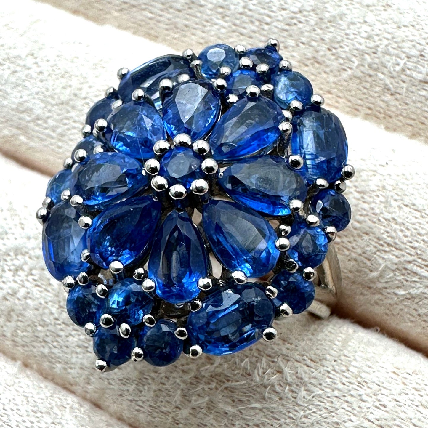 Blue Sapphire Ring Cluster Statement Sterling Silver Size 8 Signed BBJ