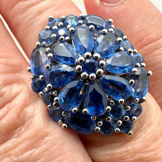 Blue Sapphire Ring Cluster Statement Sterling Silver Size 8 Signed BBJ