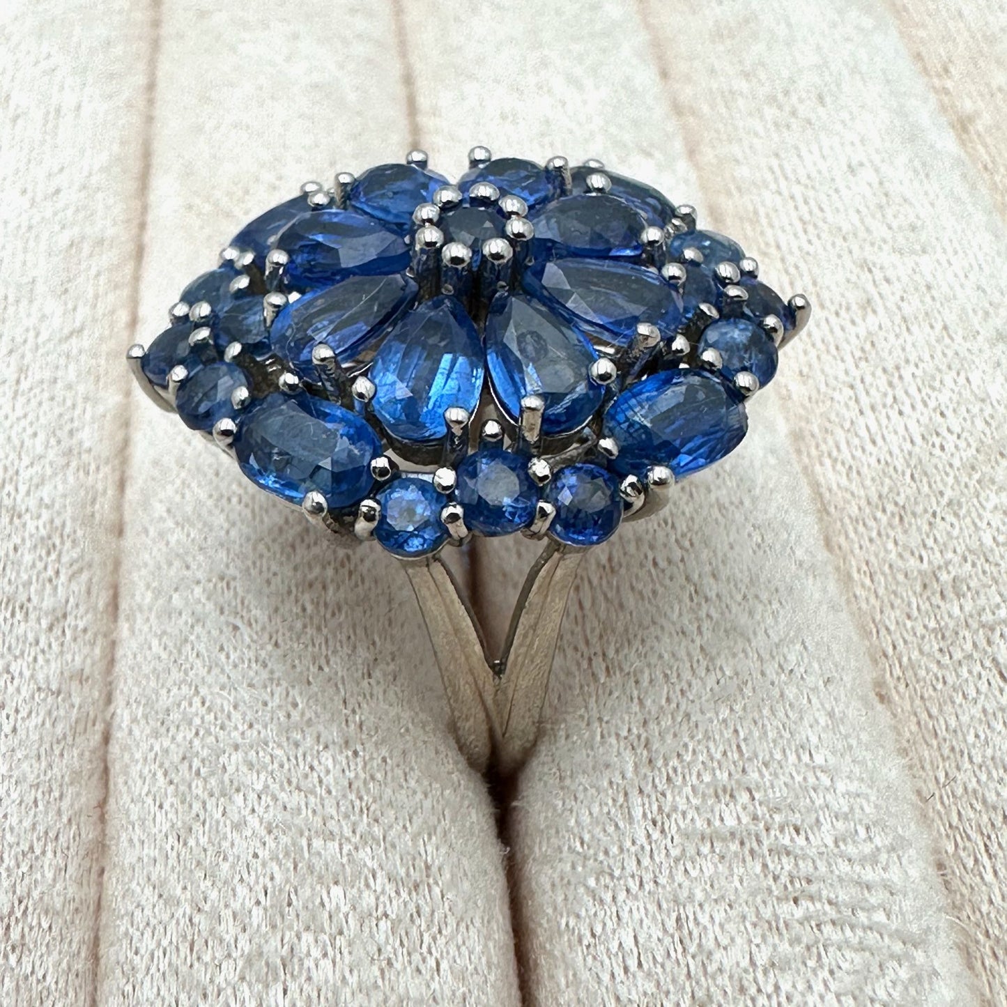 Blue Sapphire Ring Cluster Statement Sterling Silver Size 8 Signed BBJ