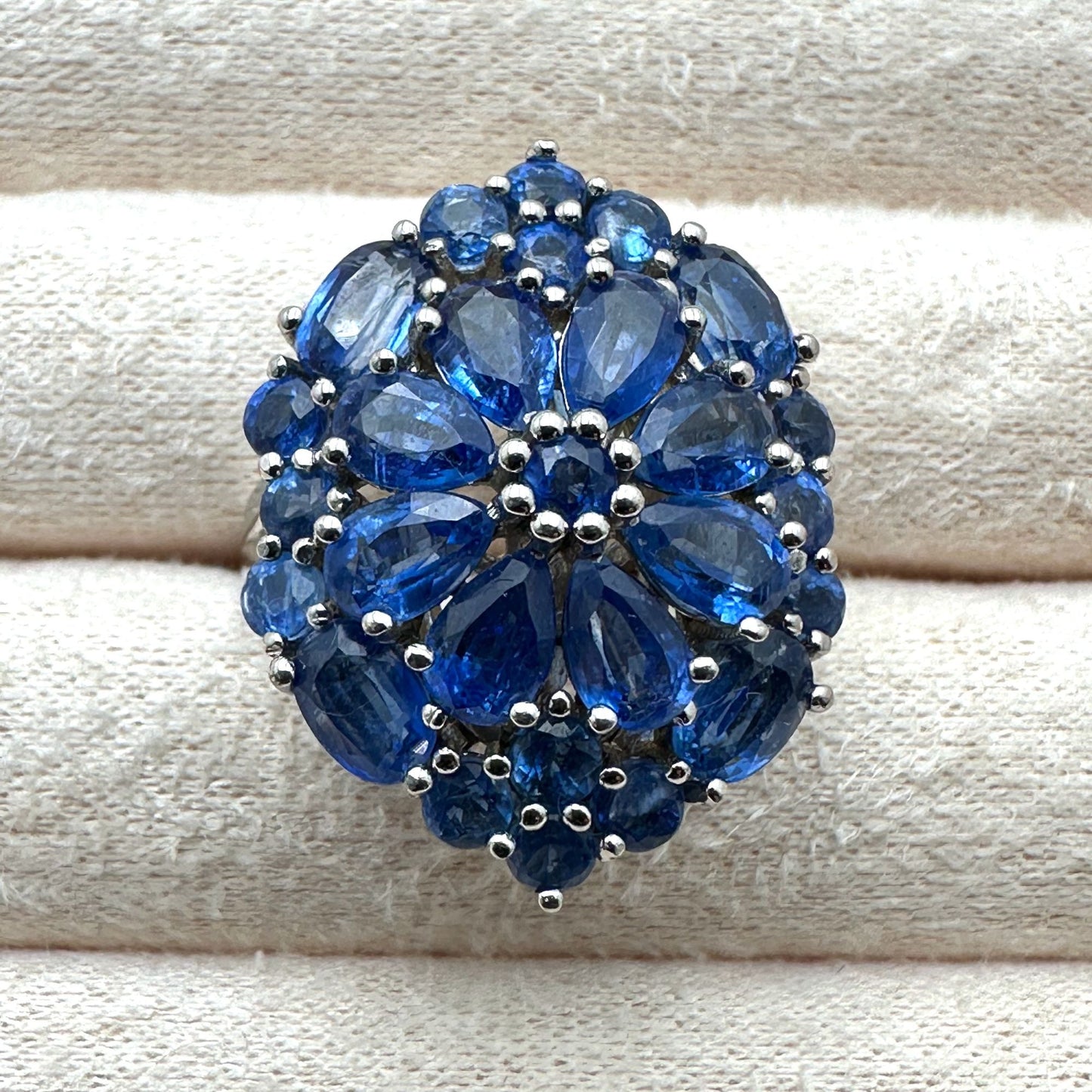 Blue Sapphire Ring Cluster Statement Sterling Silver Size 8 Signed BBJ