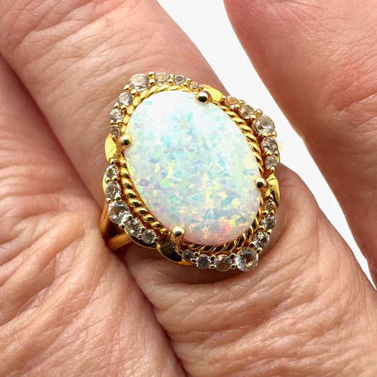 Opal Diamond Ring Gold Plated Sterling Silver Size 8 Signed DK