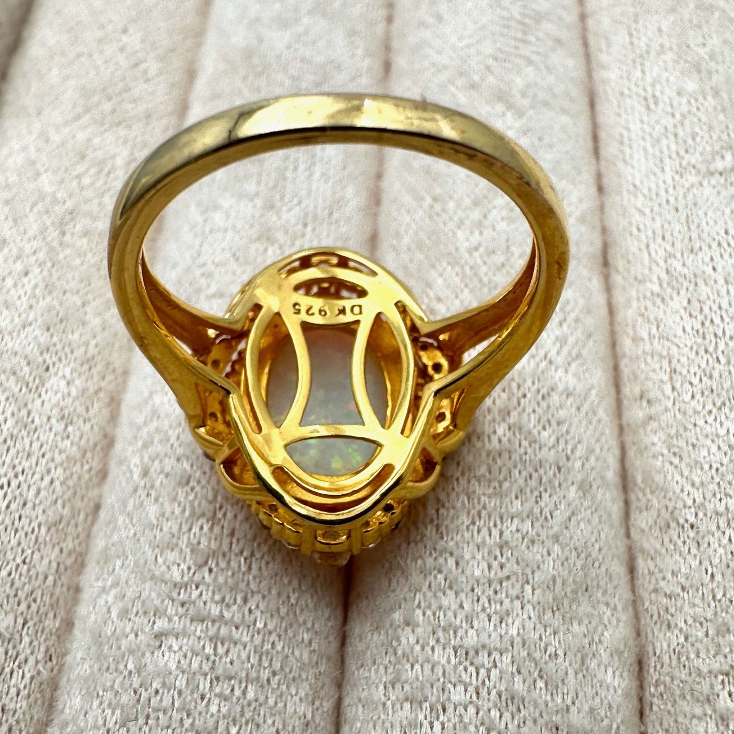 Opal Diamond Ring Gold Plated Sterling Silver Size 8 Signed DK