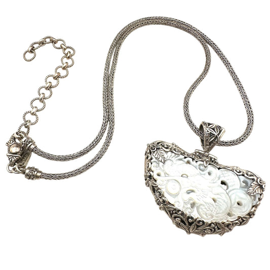 Sarda Necklace Carved Mother of Pearl Pendant Sterling Silver 18 to 20 Inch