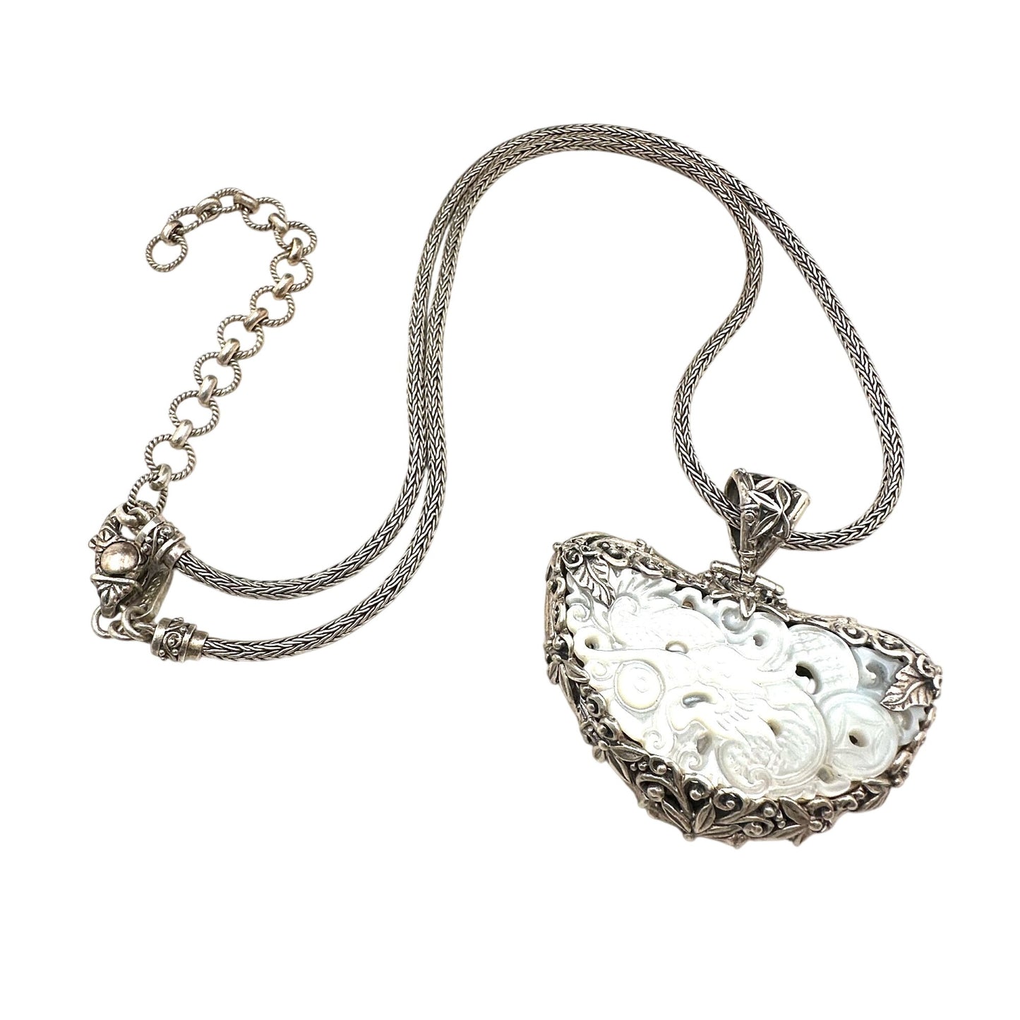 Sarda Necklace Carved Mother of Pearl Pendant Sterling Silver 18 to 20 Inch