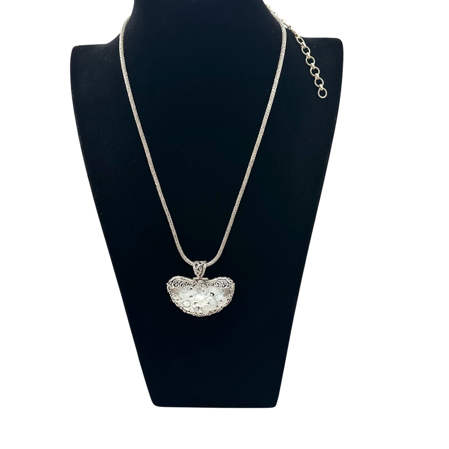 Sarda Necklace Carved Mother of Pearl Pendant Sterling Silver 18 to 20 Inch