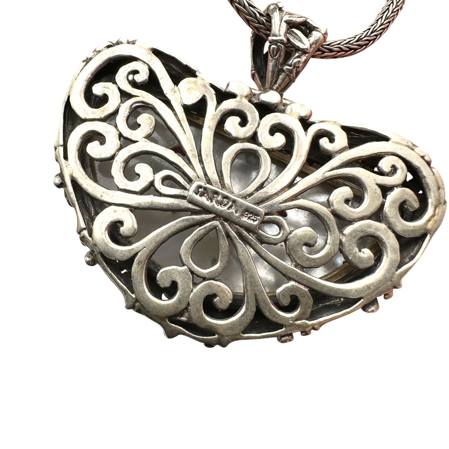 Sarda Necklace Carved Mother of Pearl Pendant Sterling Silver 18 to 20 Inch