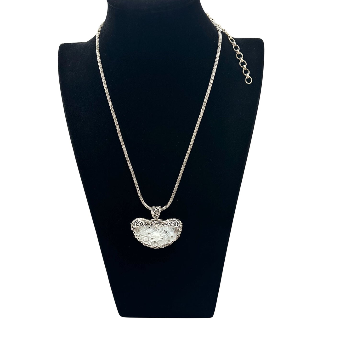 Sarda Necklace Carved Mother of Pearl Pendant Sterling Silver 18 to 20 Inch