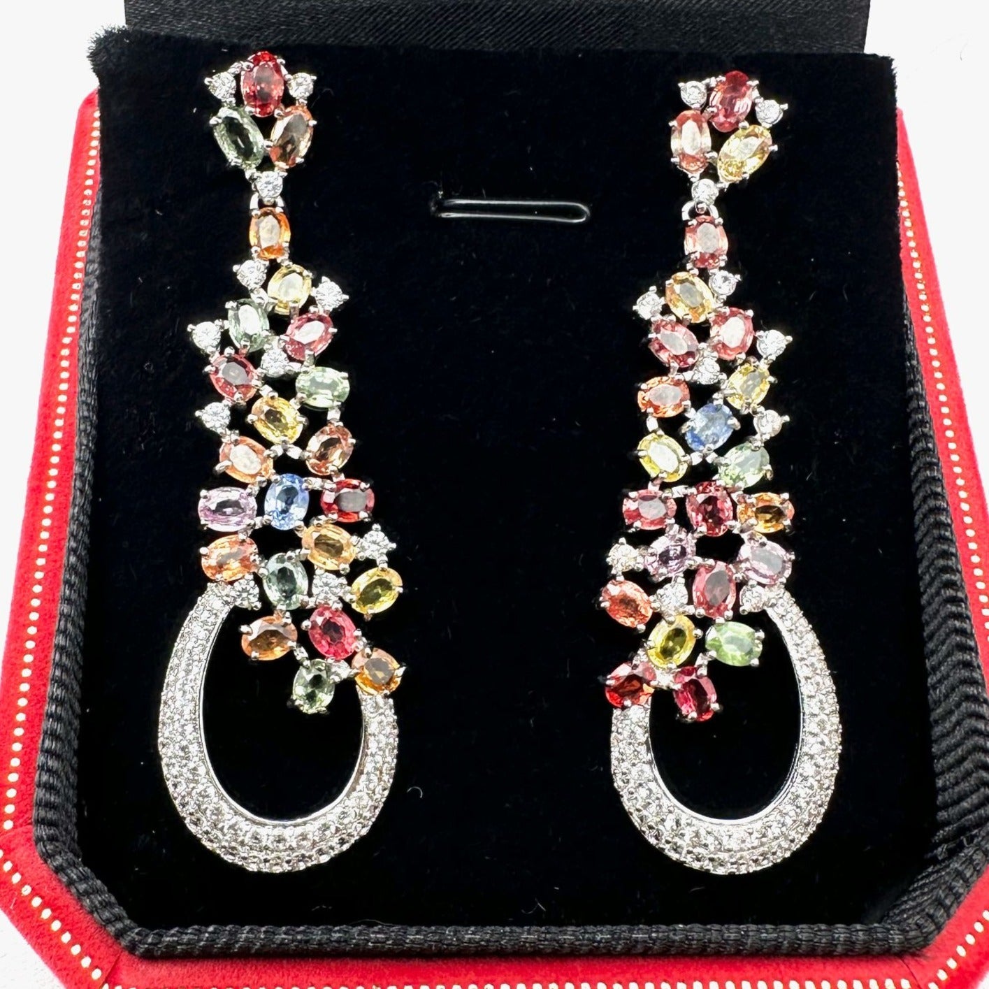 10.80ctw Multi Color Sapphire & 1.85ctw White Zircon Sterling Silver Earrings