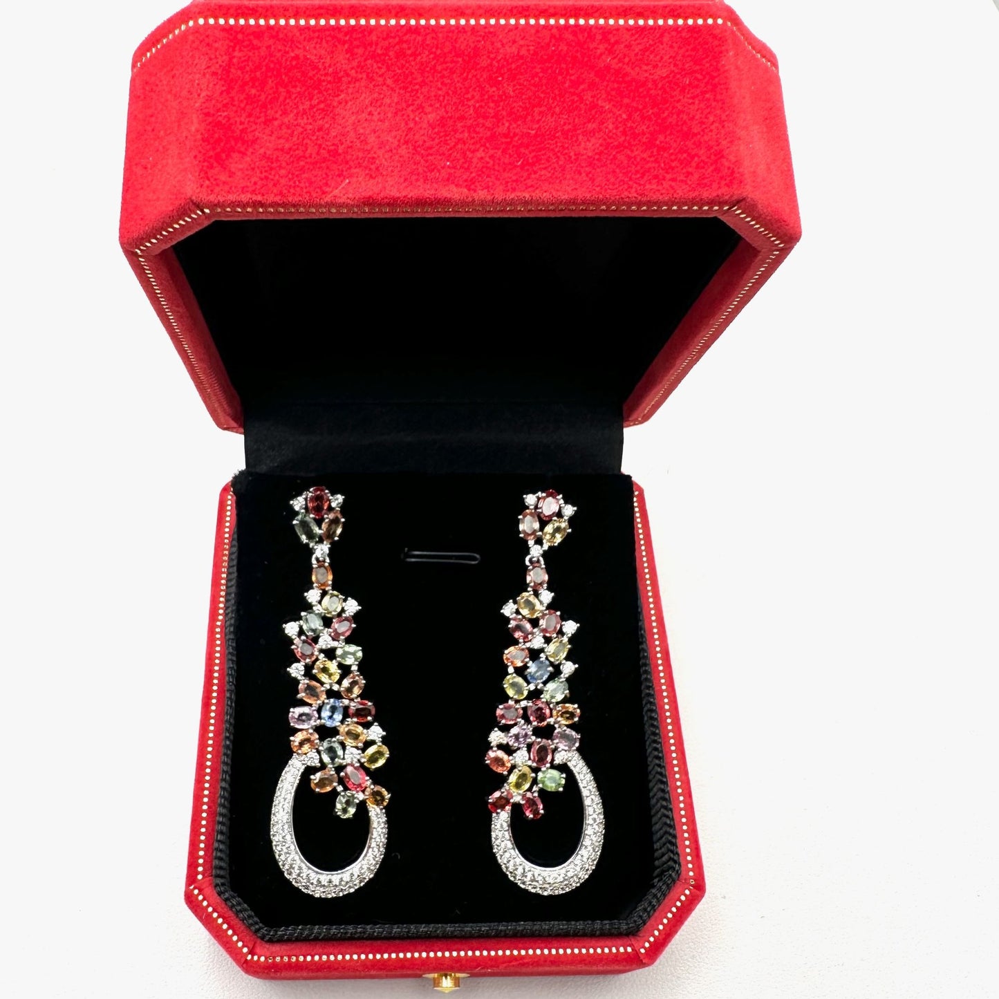 10.80ctw Multi Color Sapphire & 1.85ctw White Zircon Sterling Silver Earrings