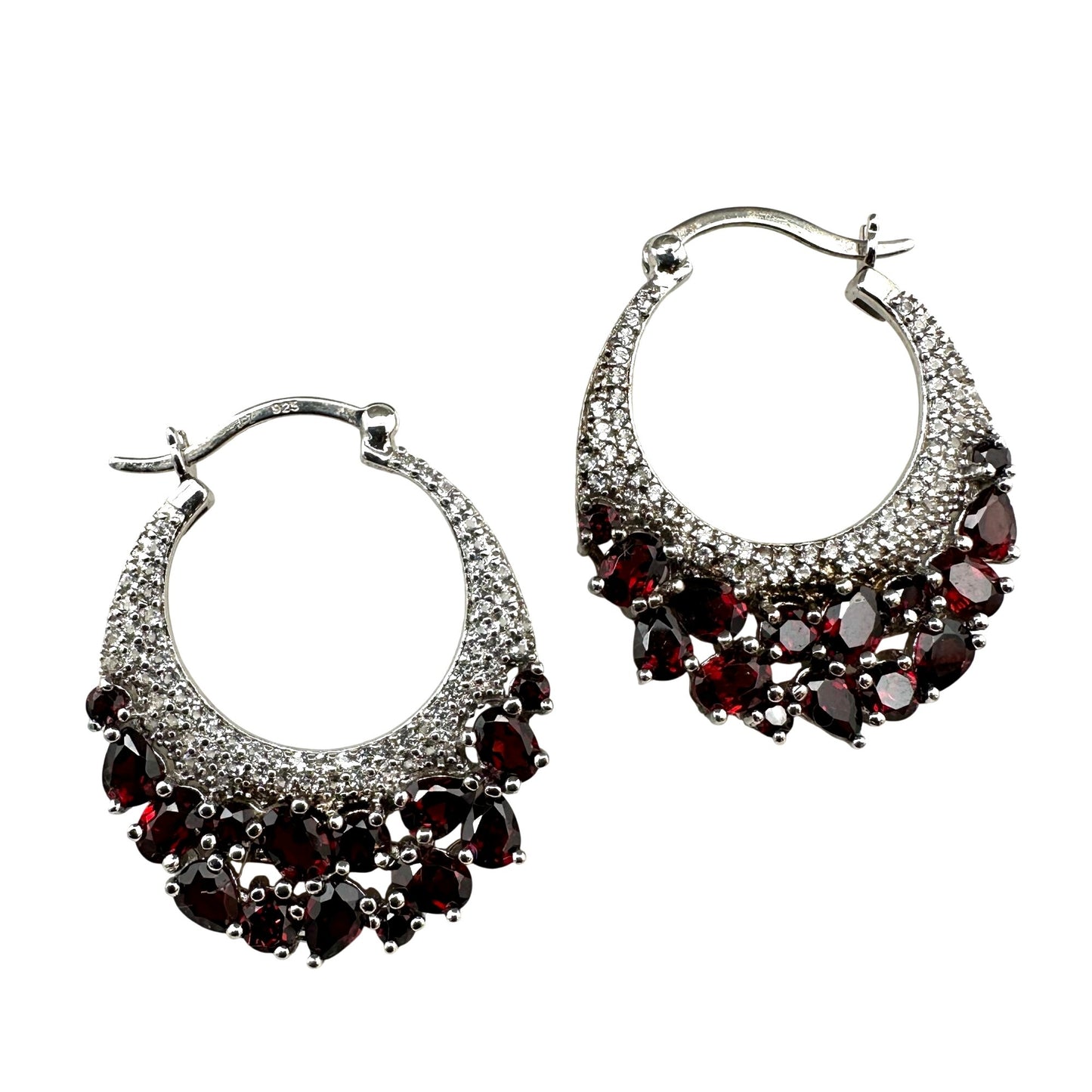 Diamond Red Garnet Earrings Sterling Silver Pierced Hoops Signed JZ