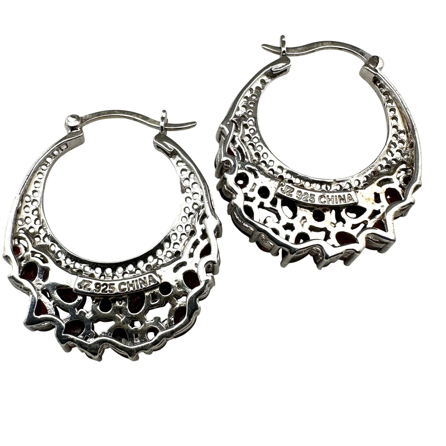 Diamond Red Garnet Earrings Sterling Silver Pierced Hoops Signed JZ