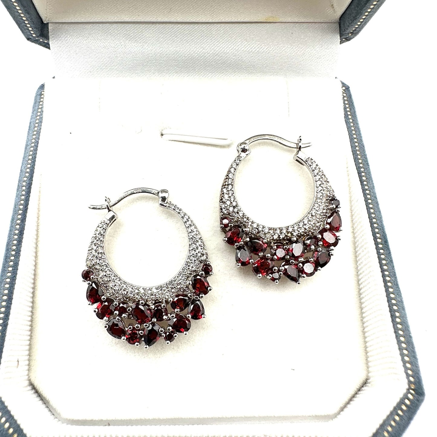Diamond Red Garnet Earrings Sterling Silver Pierced Hoops Signed JZ