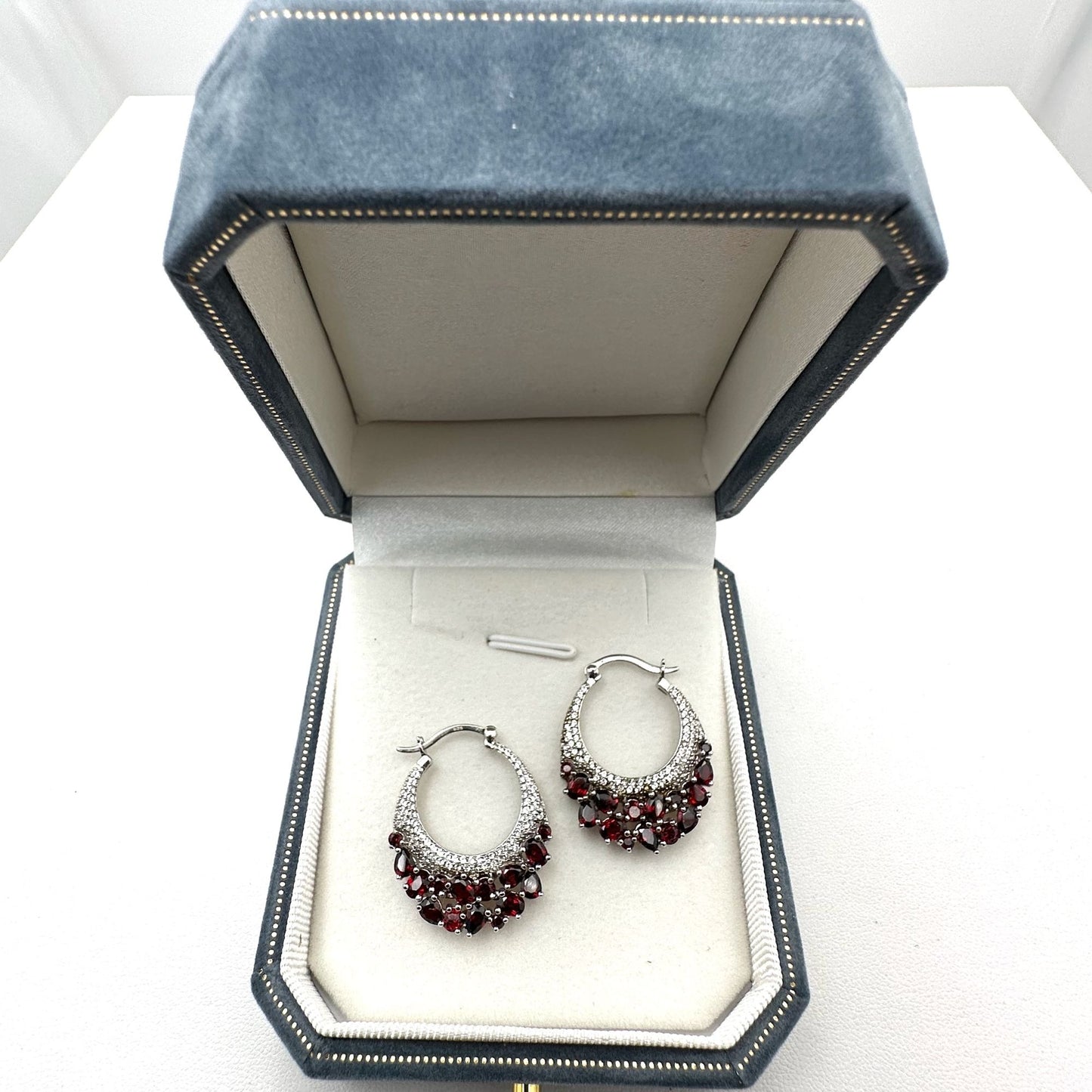 Diamond Red Garnet Earrings Sterling Silver Pierced Hoops Signed JZ