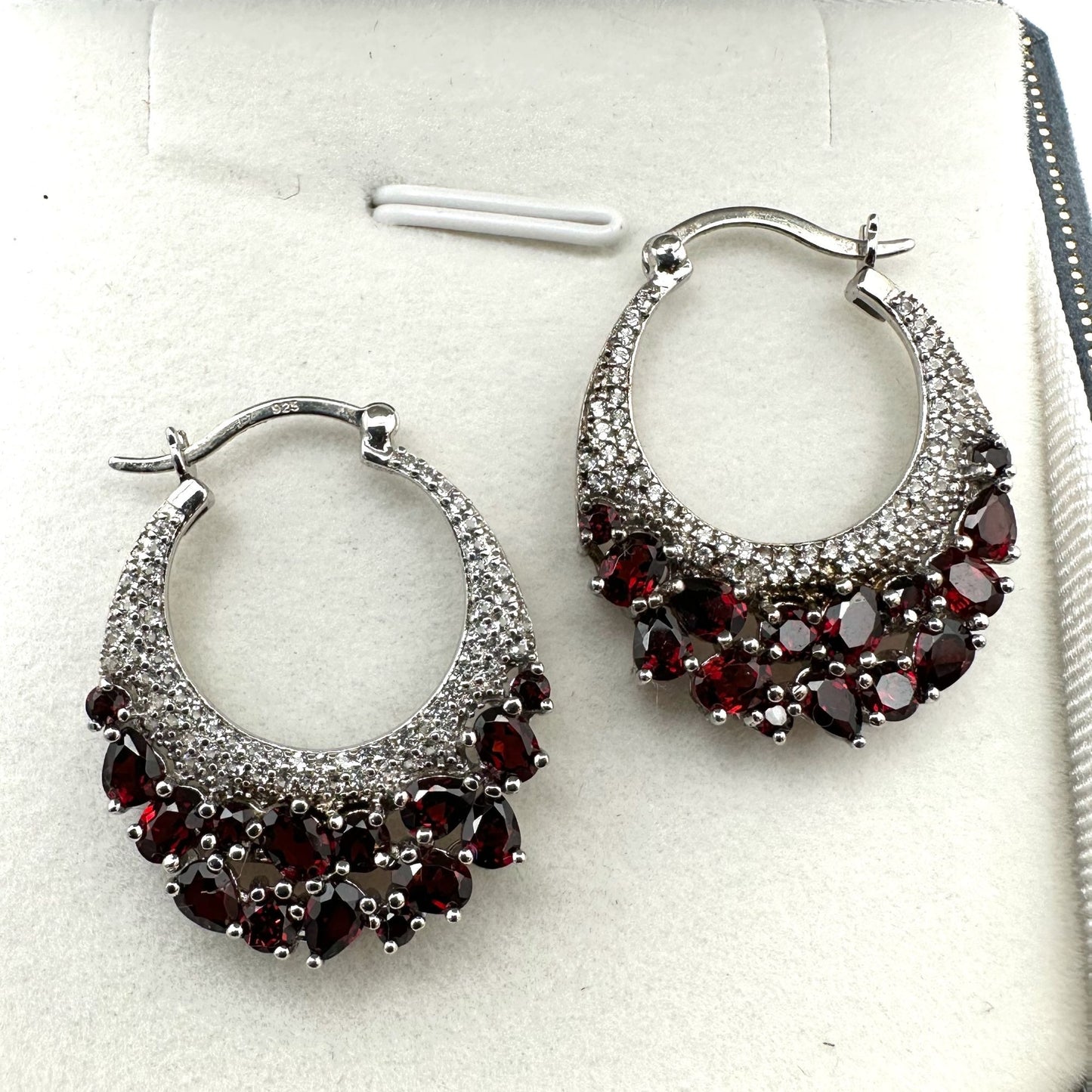 Diamond Red Garnet Earrings Sterling Silver Pierced Hoops Signed JZ