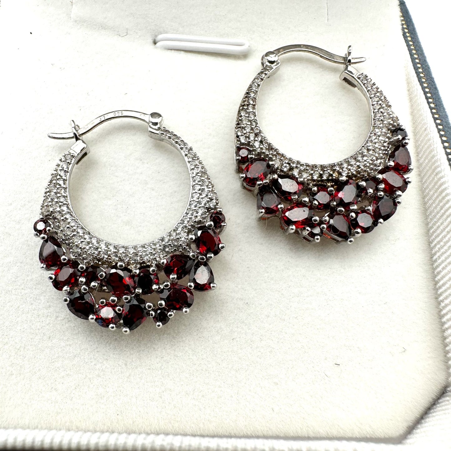 Diamond Red Garnet Earrings Sterling Silver Pierced Hoops Signed JZ