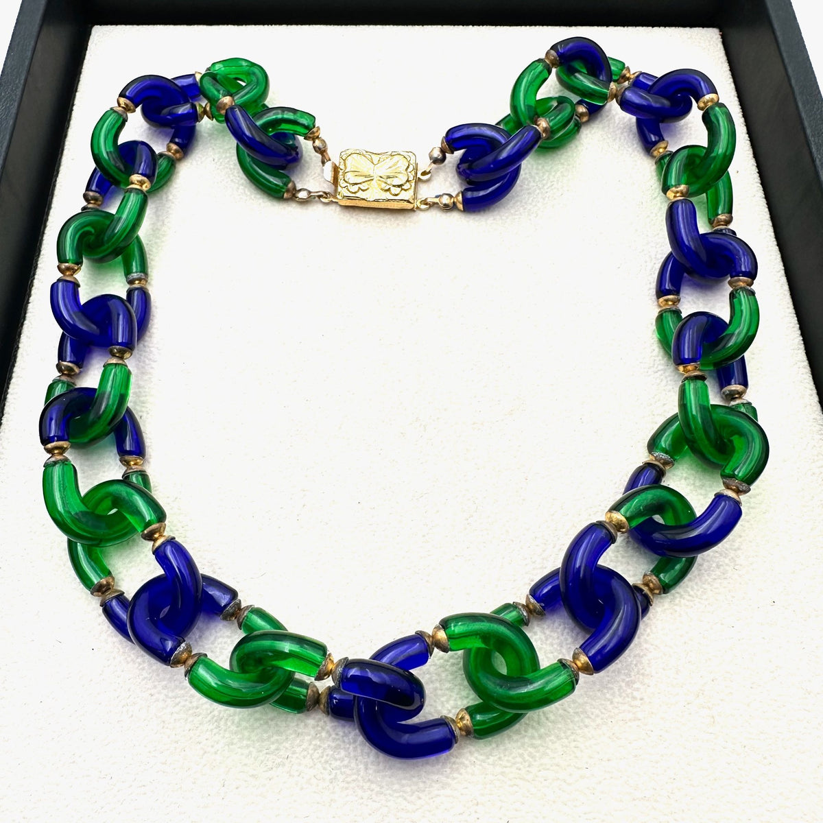 Vintage Unsigned Archimede Seguso for Chanel Blue Green Glass Gold Necklace