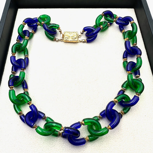 Vintage Unsigned Archimede Seguso for Chanel Blue Green Glass Gold Necklace