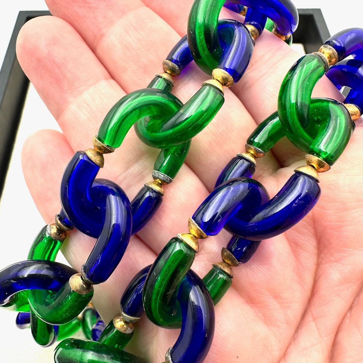 Vintage Unsigned Archimede Seguso for Chanel Blue Green Glass Gold Necklace