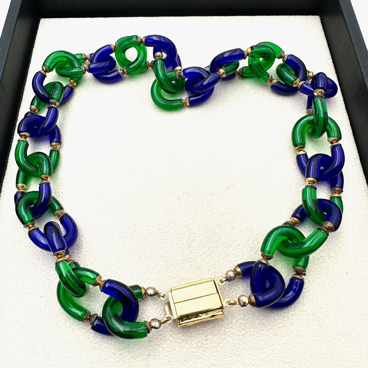 Vintage Unsigned Archimede Seguso for Chanel Blue Green Glass Gold Necklace