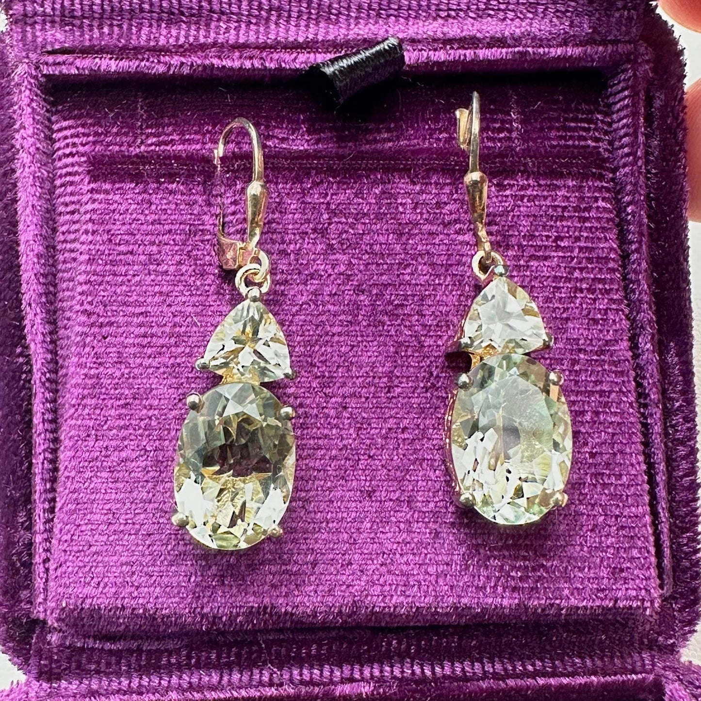 14.20ctw Oval & Trilion Prasiolite 18K Gold Plated Sterling Silver Earrings