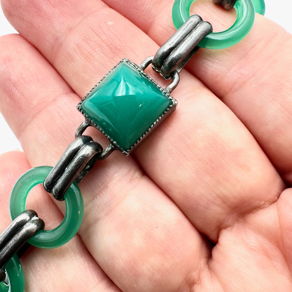 Vintage Napier Sterling Silver Green Czech Glass Bracelet 6.5 Inch