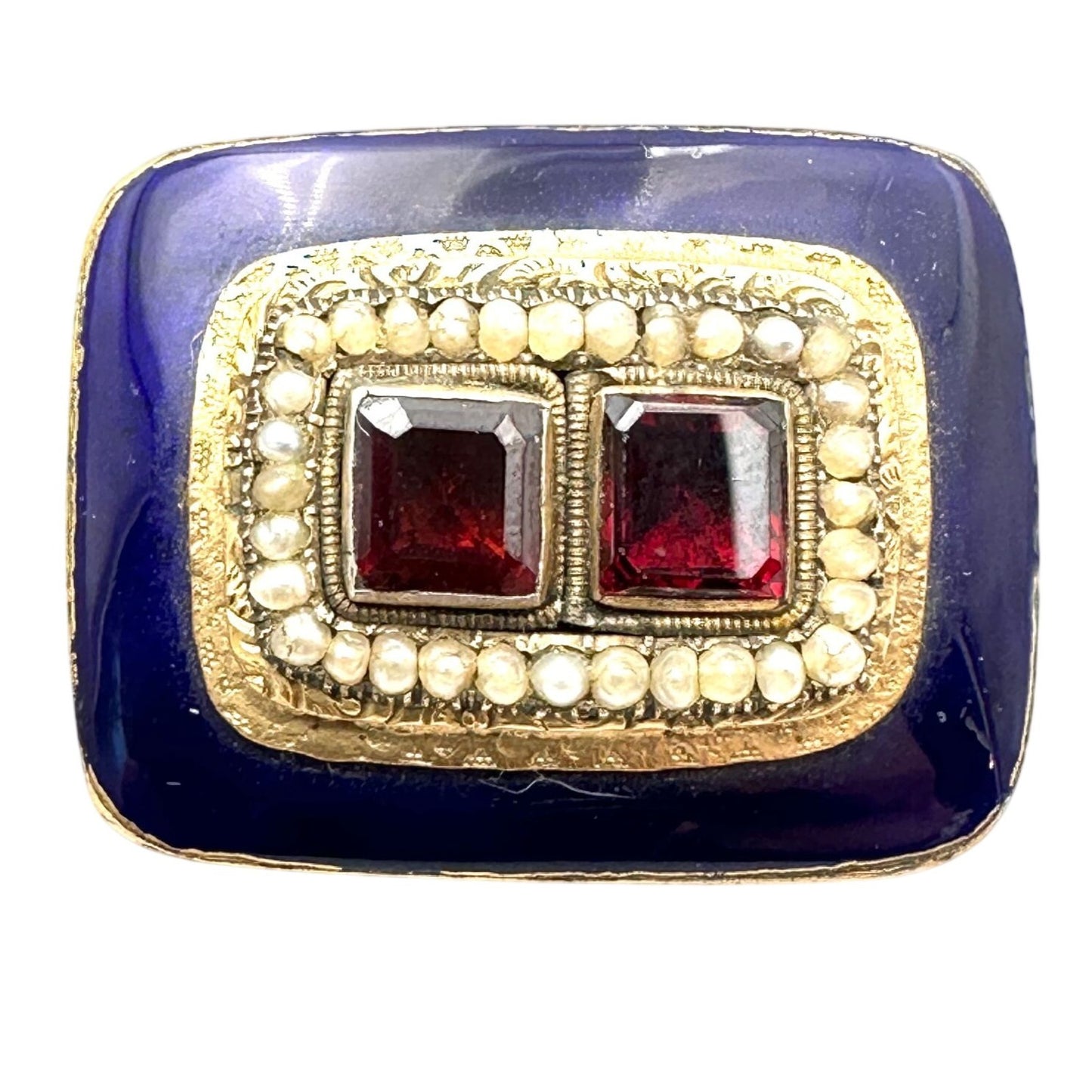 Antique Georgian 14K Gold Cobalt Blue Enamel Garnet Brooch Pin Circa 1830