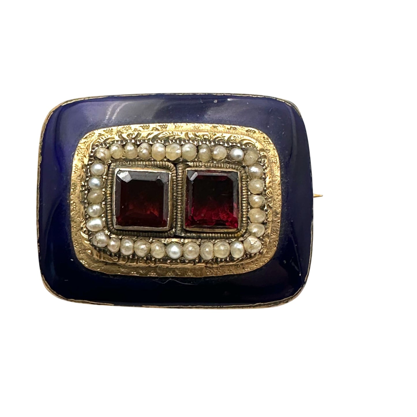 Antique Georgian 14K Gold Cobalt Blue Enamel Garnet Brooch Pin Circa 1830