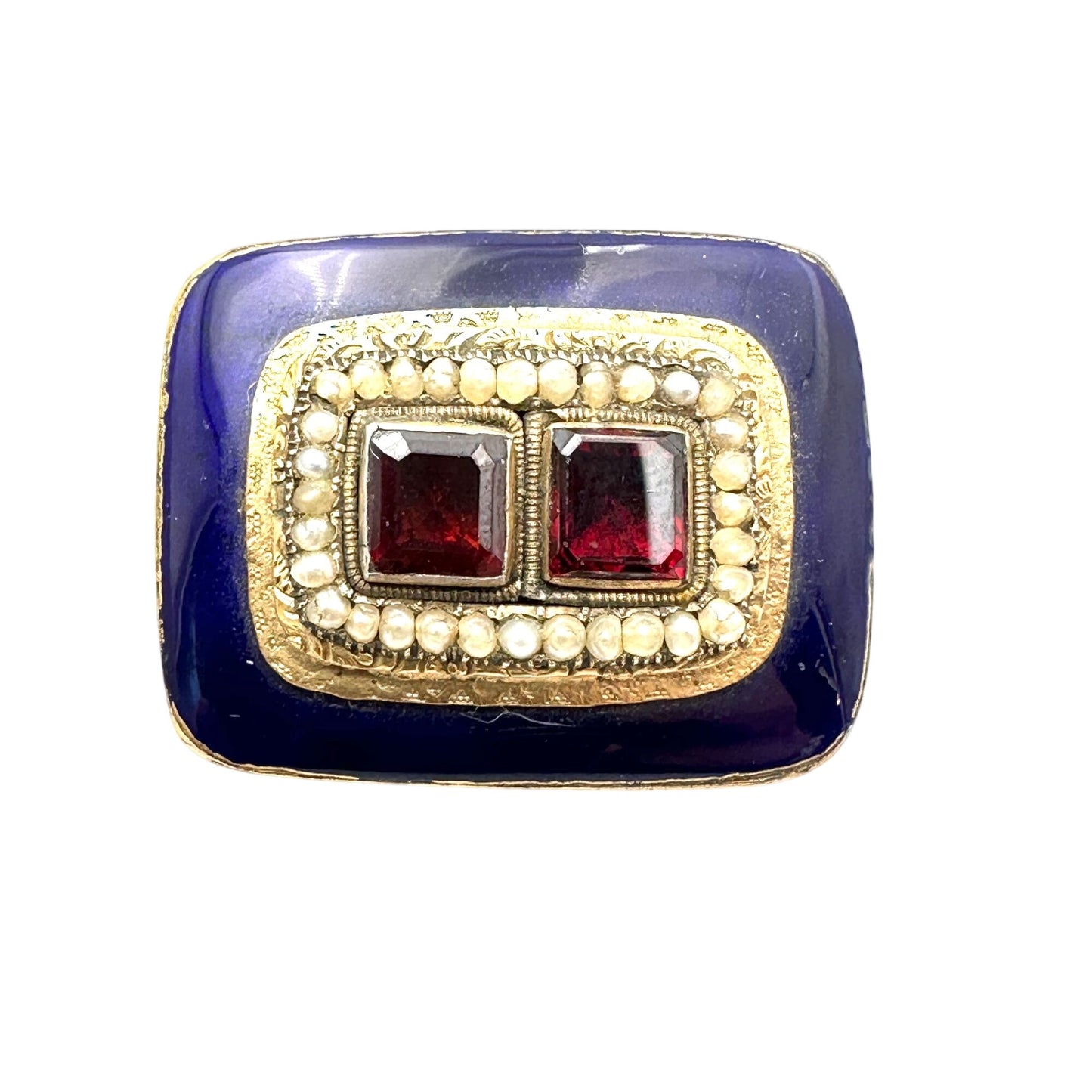 Antique Georgian 14K Gold Cobalt Blue Enamel Garnet Brooch Pin Circa 1830